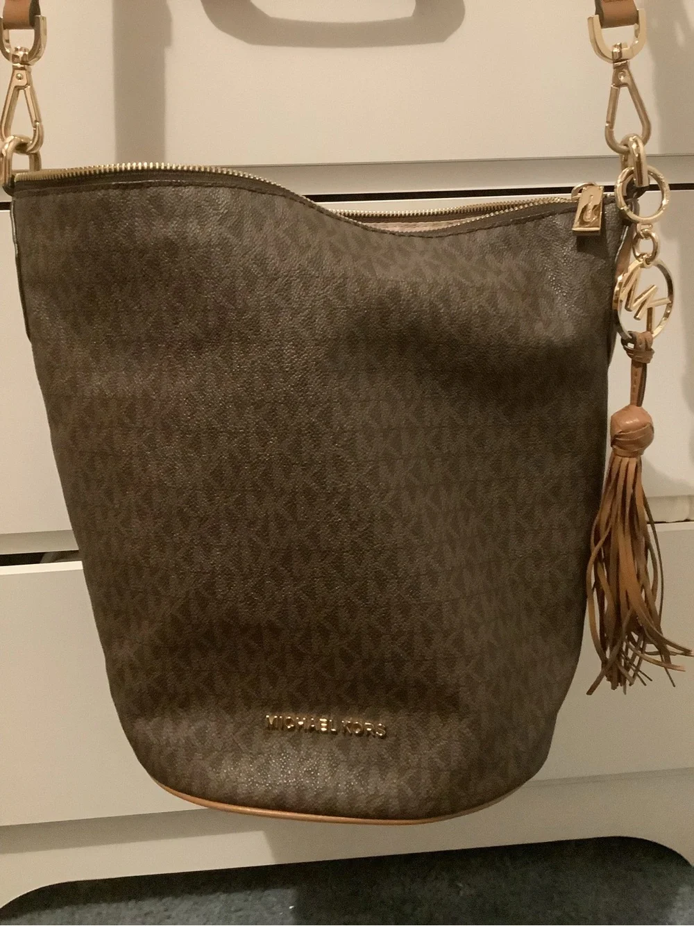 Michael Kors Brown Logo Crossbody with Tan Strap and Tassel